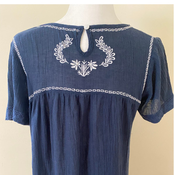 Garnet Hill Dress Tunic Cotton size small navy blue embroidered boho lightweight - Picture 5 of 5